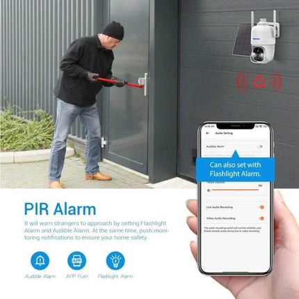 ESCAM G24 Solar-Powered Outdoor Night Vision Security Camera monitoring driveway with PIR flashlight alarm and mobile alert