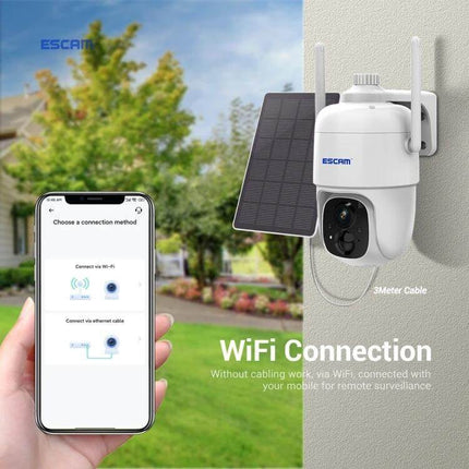 ESCAM G24 Solar-Powered Outdoor Night Vision Security Camera mounted with solar panel and smartphone showing WiFi connection