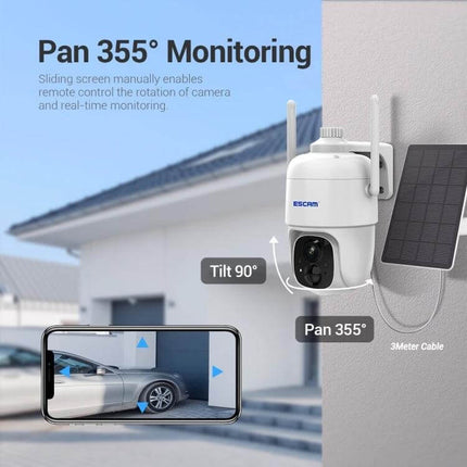 ESCAM G24 Solar-Powered Outdoor Night Vision Security Camera mounted with solar panel showing 355° pan and 90° tilt monitoring