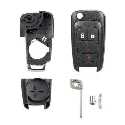 Opel Replacement Key Case with Foldable Blade and 3 Buttons - black shell front and interior with blade and components