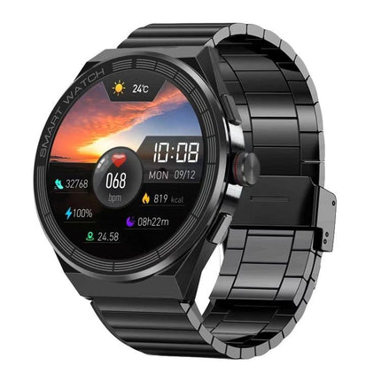 Versatile Smart Watch for Daily Connectivity and On-the-Go Use - black metal smartwatch showing heart rate, steps, notifications and NFC-ready display