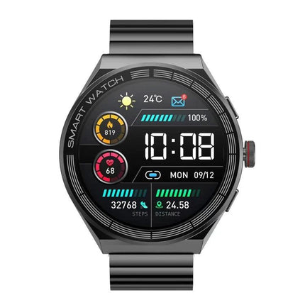 Versatile Smart Watch for Daily Connectivity and On-the-Go Use — black metal smartwatch showing time, heart rate, steps, notifications