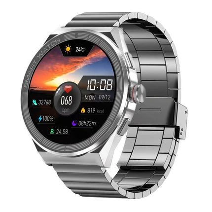 Versatile Smart Watch for Daily Connectivity and On-the-Go Use stainless steel smartwatch showing heart rate, notifications, and activity tracking