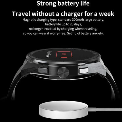Versatile Smart Watch for Daily Connectivity and On-the-Go Use showing side profile, magnetic charger and long battery life text