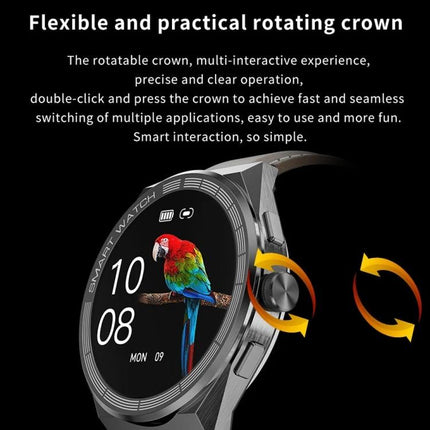 Versatile Smart Watch for Daily Connectivity and On-the-Go Use showing rotating crown, heart-rate display, Bluetooth call icons and colorful watch face