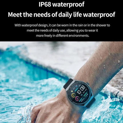 Versatile Smart Watch for Daily Connectivity and On-the-Go Use worn on wrist splashing water to show IP68 waterproof and fitness tracking features