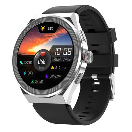 BM01 Smart Watch for Everyday Notifications and Connectivity showing round silver case, black silicone band and colorful health and notification display
