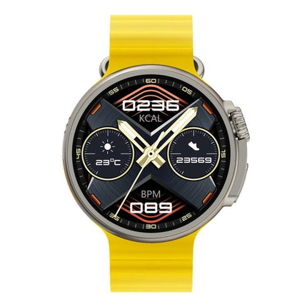 Essential Smart Watch for Daily Health Tracking and Connectivity - yellow band smartwatch showing steps, heart rate, calories, and temperature