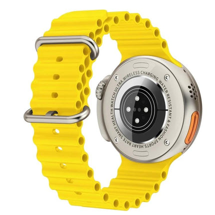 Essential Smart Watch for Daily Health Tracking and Connectivity - yellow band rear view showing sensors and charging port