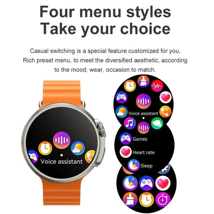 Essential Smart Watch for Daily Health Tracking and Connectivity - orange band watch displaying app menu and voice assistant icons