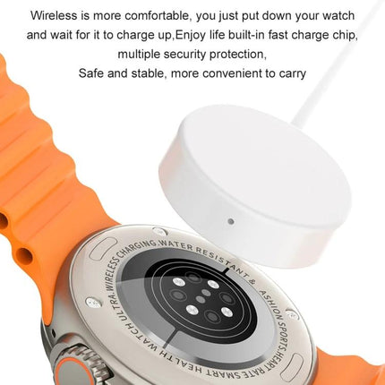 Essential Smart Watch for Daily Health Tracking and Connectivity showing back sensors and wireless charger with orange strap