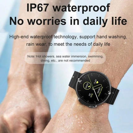 Essential Smart Watch for Daily Health Tracking and Connectivity on wrist showing IP67 waterproof and activity monitoring