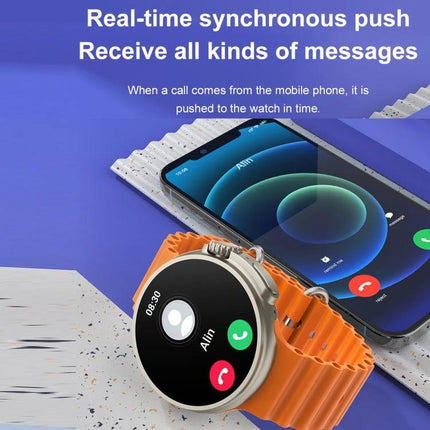Essential Smart Watch for Daily Health Tracking and Connectivity showing incoming call notification on round watch with orange band placed near smartphone