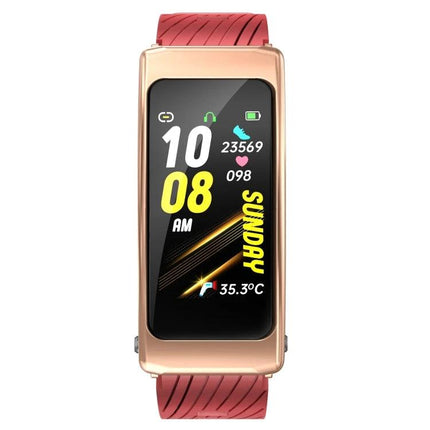 Smart Watch for Everyday Fitness and Communication Tracking - rose gold rectangular display with red strap showing steps, heart rate, time and date