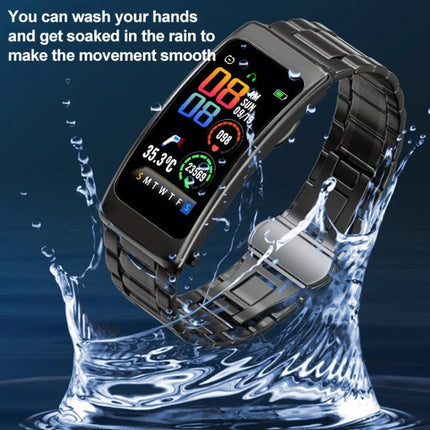 Smart Watch for Everyday Fitness and Communication Tracking showing metal-band waterproof smartwatch displaying heart rate, steps and message alerts
