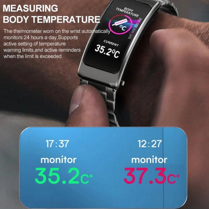 Smart Watch for Everyday Fitness and Communication Tracking showing wrist temperature monitoring screen with 35.2°C and 37.3°C readings