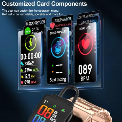 Smart Watch for Everyday Fitness and Communication Tracking showing customizable health cards: heart rate, steps, blood oxygen, blood pressure on a modern wristwatch display