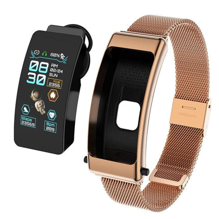 Daily Companion Smart Watch for Active Lifestyles showing black touchscreen tracker and rose gold mesh band for heart rate and activity tracking