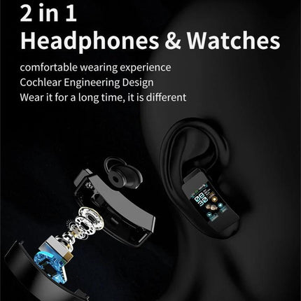 Daily Companion Smart Watch for Active Lifestyles - 2-in-1 headphones and watch showing heart-rate display and comfortable ear-hook design