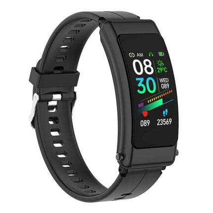 Essential Smart Watch for Everyday Health Monitoring - black fitness tracker showing time, steps, heart rate, and hydration reminders