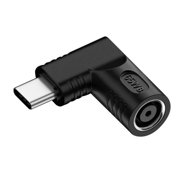 65W DC to USB-C PD Power Adapter for Versatile Charging — compact L-shaped PVC adapter pictured converting DC barrel to USB-C PD port