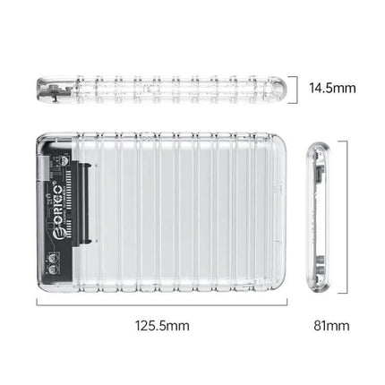 ORICO USB 3.0 External Case for 2.5 Inch Hard Drives clear ABS shell showing dimensions 125.5x81x14.5mm for portable 2.5" HDD/SSD