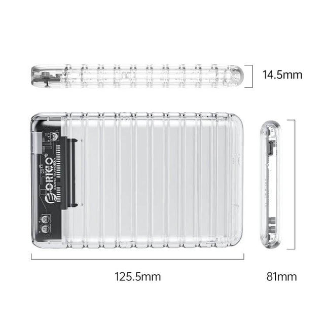 ORICO USB 3.0 External Case for 2.5 Inch Hard Drives clear ABS shell showing dimensions 125.5x81x14.5mm for portable 2.5" HDD/SSD