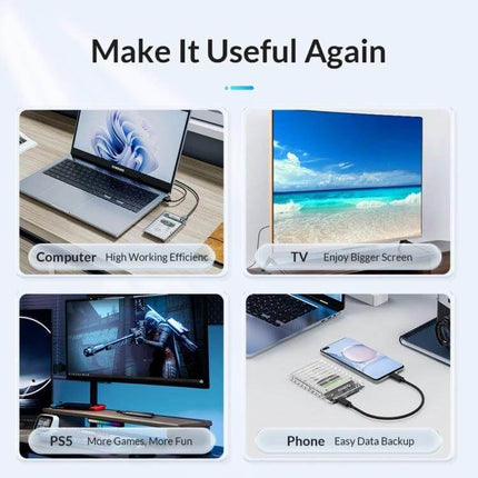 ORICO USB 3.0 External Case for 2.5 Inch Hard Drives showcasing portable laptop, TV, PS5 and phone backup uses
