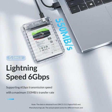 ORICO USB 3.0 External Case for 2.5 Inch Hard Drives connected to laptop showing 550MB/s transfer speed and clear ABS protective enclosure