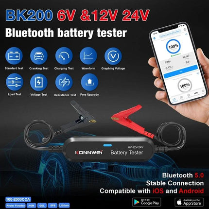 KONNWEI Battery Tester for Daily Vehicle Maintenance Checks - Bluetooth 6V/12V/24V with smartphone app for quick battery status