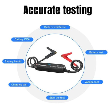 KONNWEI Battery Tester for Daily Vehicle Maintenance Checks with clamps connected showing battery test functions and Bluetooth pairing