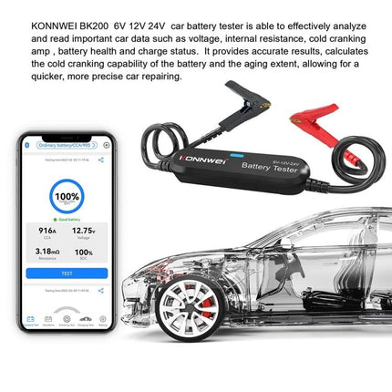 KONNWEI Battery Tester for Daily Vehicle Maintenance Checks connected to car battery with smartphone app showing battery health and test results