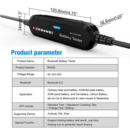 KONNWEI Battery Tester for Daily Vehicle Maintenance Checks - compact Bluetooth battery tester showing dimensions and product specs