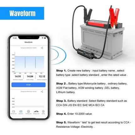 KONNWEI Battery Tester for Daily Vehicle Maintenance Checks connected to car battery with smartphone Bluetooth waveform app