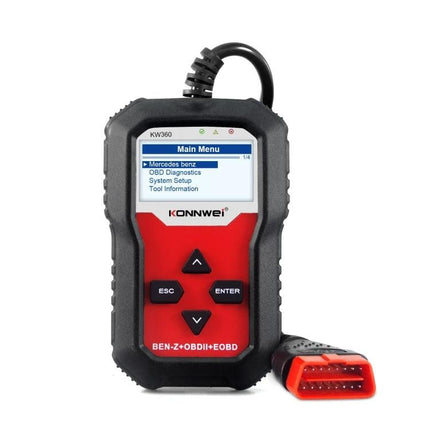 KONNWE Device for Routine Mercedes Car Maintenance - handheld OBD2 scanner with cable and red connector for engine diagnostics