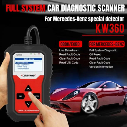 KONNWE Device for Routine Mercedes Car Maintenance handheld OBDII scanner showing menu and diagnostics screen