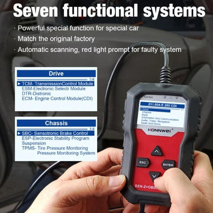KONNWE Device for Routine Mercedes Car Maintenance handheld OBD2 scanner showing seven functional systems and live fault data