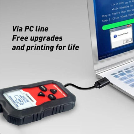 KONNWE Device for Routine Mercedes Car Maintenance connected to laptop showing free upgrades and printing for life