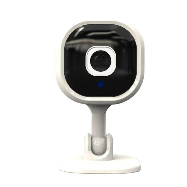 A3 WiFi Security Camera with Motion Detection and Night Vision mounted indoor on a stand, showing lens and night-vision sensor