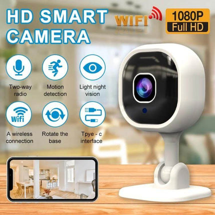 A3 WiFi Security Camera with Motion Detection and Night Vision indoor WiFi camera showing lens, stand, app remote view, motion detection and night vision features