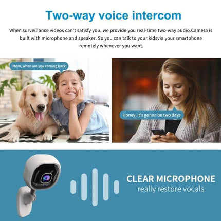 A3 WiFi Security Camera with Motion Detection and Night Vision showing two-way voice intercom, clear microphone, pet and child monitoring with mobile alerts