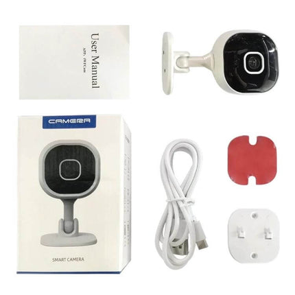 A3 WiFi Security Camera with Motion Detection and Night Vision showing camera, USB cable, mount, adhesive pad and user manual