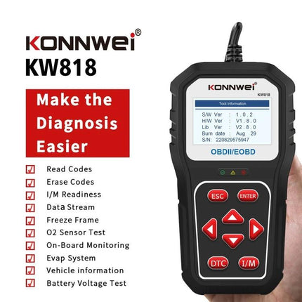 KONNWE Tool for Everyday Car Maintenance Diagnostics handheld OBD2 scanner KW818 reading and erasing codes