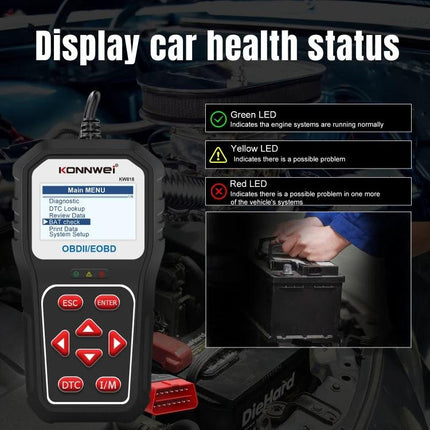 KONNWE Tool for Everyday Car Maintenance Diagnostics handheld OBD2 scanner showing car health status with green yellow red LED indicators