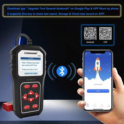 KONNWE Tool for Everyday Car Maintenance Diagnostics handheld OBD2 scanner showing device, Bluetooth pairing and mobile app screen