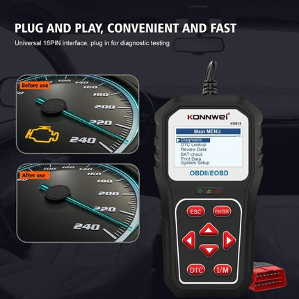 KONNWE Tool for Everyday Car Maintenance Diagnostics handheld OBD2 scanner showing main menu and before/after check engine light gauge