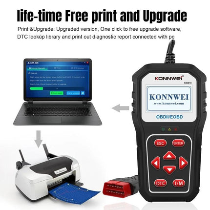 KONNWE Tool for Everyday Car Maintenance Diagnostics handheld OBD2 scanner with laptop and printer showing lifetime free upgrade