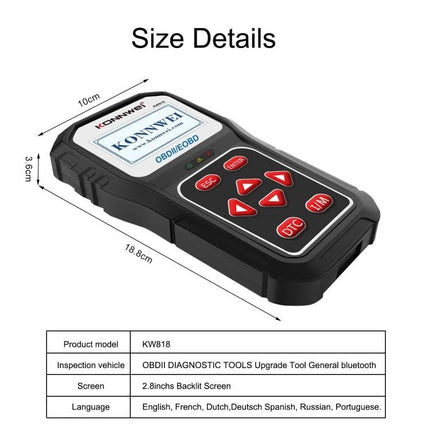 KONNWE Tool for Everyday Car Maintenance Diagnostics handheld OBD2 reader showing size details and buttons