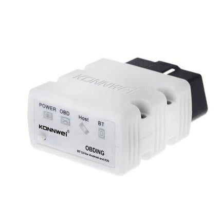 Practical KONNWEI Scanner for Everyday Vehicle Maintenance - white OBDII Bluetooth diagnostic tool plugged into car port