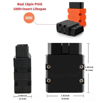 Practical KONNWEI Scanner for Everyday Vehicle Maintenance - compact OBD II adapter showing 16‑pin plug and dimensions